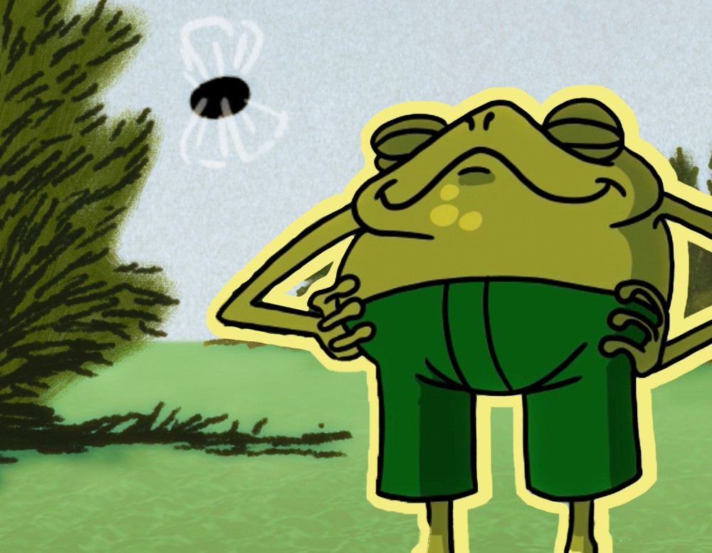 Ein gezeichneter Frosch posiert in grüner Hose vor einem Teich.