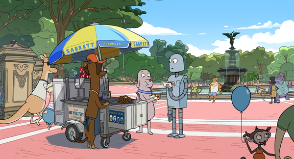 Ein glücklicher Sommertag in New York – Dog und sein Roboter sind unzertrennlich.