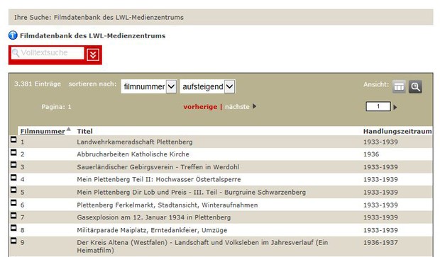 Ansicht der Online-Filmdatenbank des LWL-Medienzentrums mit der Suchmaske © LWL-Medienzentrum für Westfalen