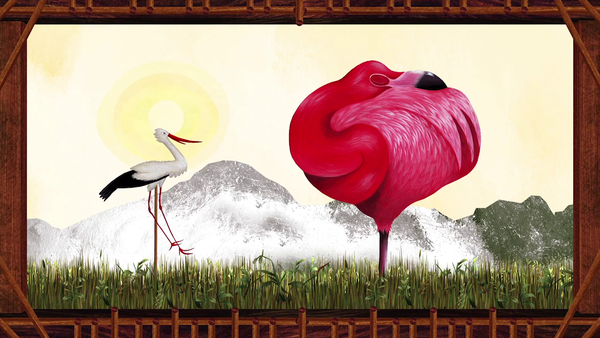 Der Storch ist verärgert über die vermeintliche Ignoranz des Flamingos.