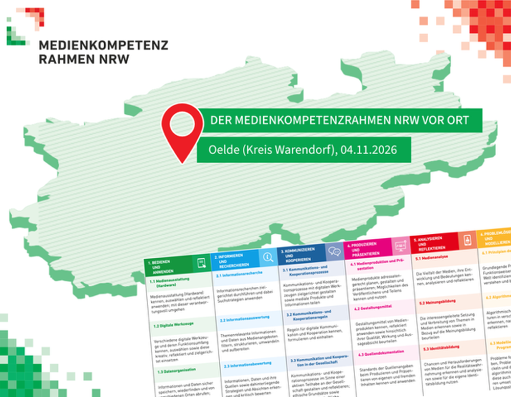 Info-Grafik zur Veranstaltungsreihe Medienkompetenzrahmen NRW vor Ort. Text: Oelde, 04.11.2026