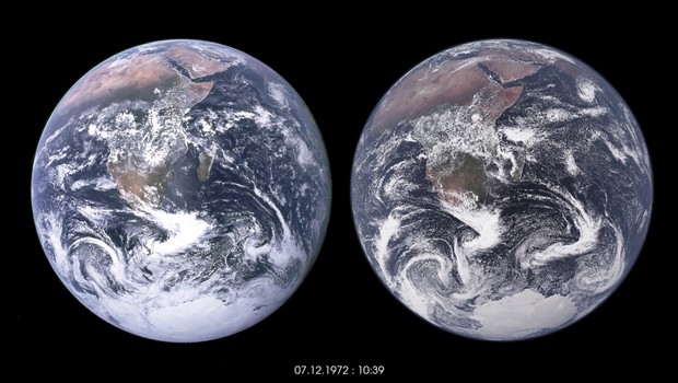 Abbildung des originalen Blue Marble Fotos der NASA. Die blaue Erde vor dem schwarzen Raum.
