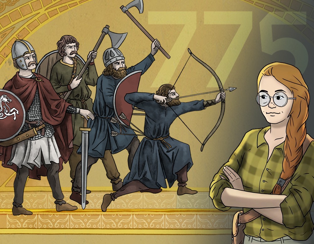 Die Erzählerin des Animationsfilms, eine junge Antiquarin, beobachtet eine Gruppe sächsischer Krieger.