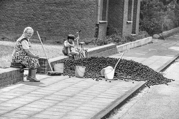 Schwarz-weiß Fotografie: Anlieferung von Eierkohlen-Briketts, Castrop-Rauxel, 1983.