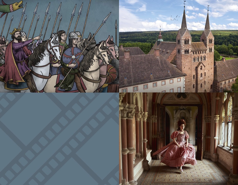 Das Bild zeigt drei Filmstills: Eine mittelalterliche Reiterschar, das Westwerk des Klosters Corvey und eine Frau in rosanem Kleid.