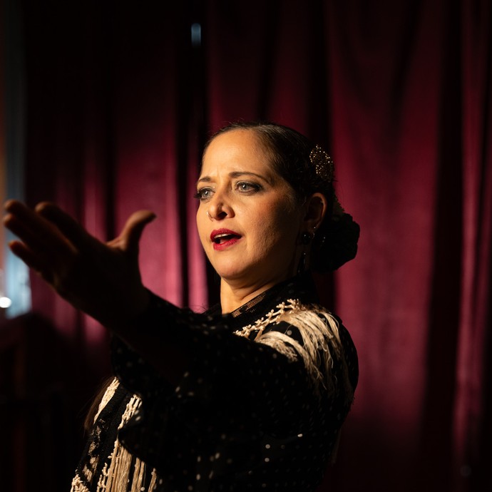 Carmen López beim Flamenco tanzen mit dem „Mantón de Manila“ (Umhängetuch) in der Tanzschule Salsomania (vergrößerte Bildansicht wird geöffnet)