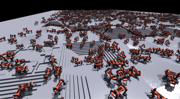CAD Screenshot der vierbeinigen Roboter AnyMal auf unebenem Terrain CAD Screenshot der vierbeinigen Roboter AnyMal auf unebenem Terrain