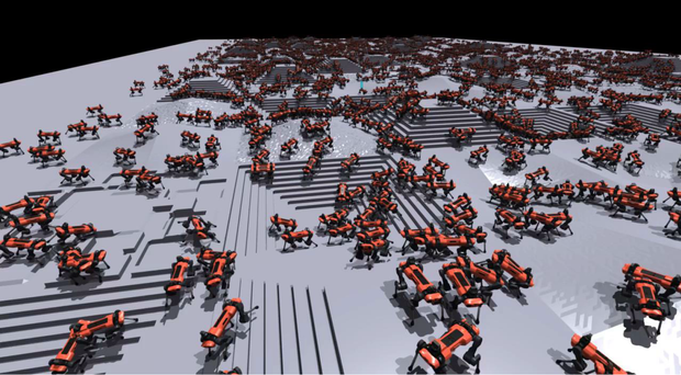 CAD Screenshot der vierbeinigen Roboter AnyMal auf unebenem Terrain