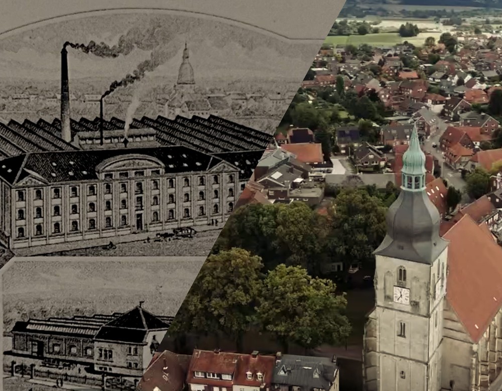 Das Bild zeigt einen westfälischen Ort mit Kirchturm heute neben einem Druck einer alten Industrieanlage.