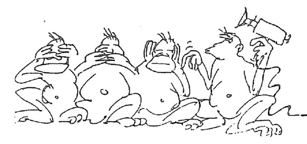 Zeichnung der "Drei Affen" („nichts sehen, nichts hören, nichts sagen“) mit einem vierten Affen mit Filmkamera - Medienzentrum Ruhr e.V. (mz:R)