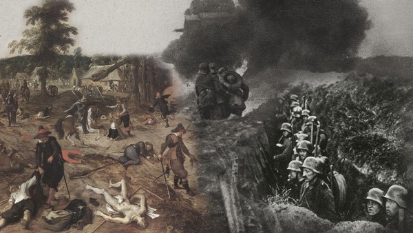 Historische Kriegsdarstellungen im Vergleich (Collage). („Geschichte interaktiv - Längsschnitt Krieg und Frieden I – Krieg“, Bild: dokumentARfilm)