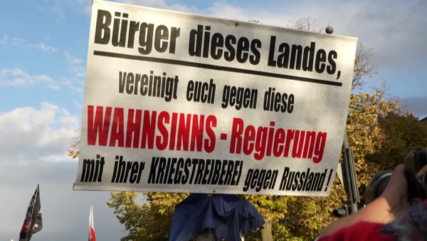 Plakat bei einer regierungskritischen Demonstration. („Irrationalismus – Die neue Gefahr für die Demokratie“, Bild: Matthias-Film)